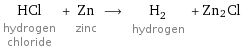 HCl hydrogen chloride + Zn zinc ⟶ H_2 hydrogen + Zn2Cl