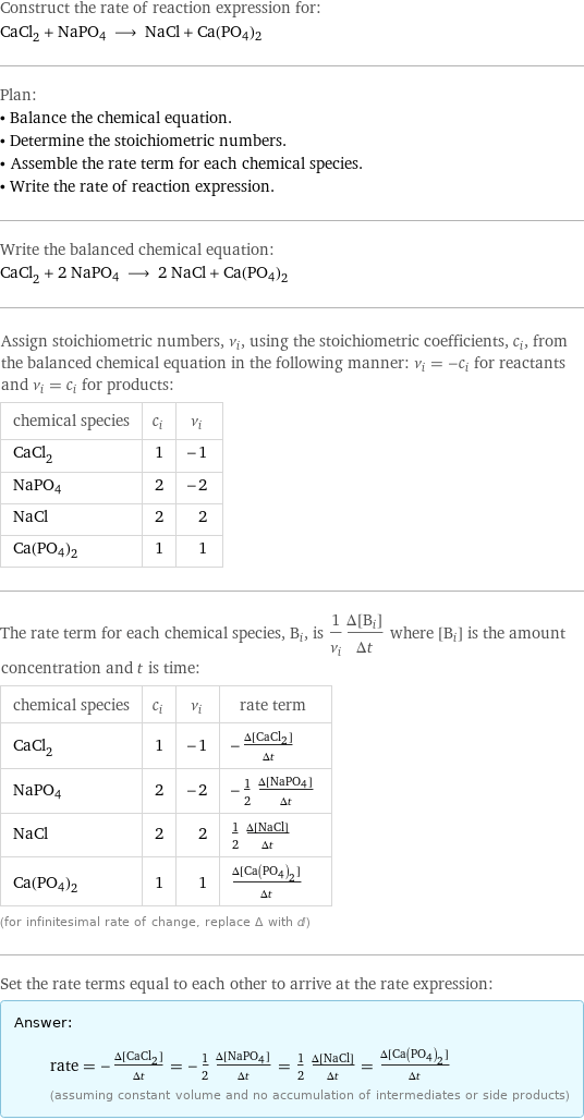 Construct the rate of reaction expression for: CaCl_2 + NaPO4 ⟶ NaCl + Ca(PO4)2 Plan: • Balance the chemical equation. • Determine the stoichiometric numbers. • Assemble the rate term for each chemical species. • Write the rate of reaction expression. Write the balanced chemical equation: CaCl_2 + 2 NaPO4 ⟶ 2 NaCl + Ca(PO4)2 Assign stoichiometric numbers, ν_i, using the stoichiometric coefficients, c_i, from the balanced chemical equation in the following manner: ν_i = -c_i for reactants and ν_i = c_i for products: chemical species | c_i | ν_i CaCl_2 | 1 | -1 NaPO4 | 2 | -2 NaCl | 2 | 2 Ca(PO4)2 | 1 | 1 The rate term for each chemical species, B_i, is 1/ν_i(Δ[B_i])/(Δt) where [B_i] is the amount concentration and t is time: chemical species | c_i | ν_i | rate term CaCl_2 | 1 | -1 | -(Δ[CaCl2])/(Δt) NaPO4 | 2 | -2 | -1/2 (Δ[NaPO4])/(Δt) NaCl | 2 | 2 | 1/2 (Δ[NaCl])/(Δt) Ca(PO4)2 | 1 | 1 | (Δ[Ca(PO4)2])/(Δt) (for infinitesimal rate of change, replace Δ with d) Set the rate terms equal to each other to arrive at the rate expression: Answer: |   | rate = -(Δ[CaCl2])/(Δt) = -1/2 (Δ[NaPO4])/(Δt) = 1/2 (Δ[NaCl])/(Δt) = (Δ[Ca(PO4)2])/(Δt) (assuming constant volume and no accumulation of intermediates or side products)