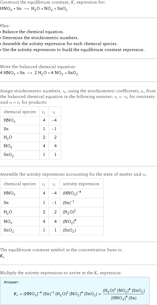 Construct the equilibrium constant, K, expression for: HNO_3 + Sn ⟶ H_2O + NO_2 + SnO_2 Plan: • Balance the chemical equation. • Determine the stoichiometric numbers. • Assemble the activity expression for each chemical species. • Use the activity expressions to build the equilibrium constant expression. Write the balanced chemical equation: 4 HNO_3 + Sn ⟶ 2 H_2O + 4 NO_2 + SnO_2 Assign stoichiometric numbers, ν_i, using the stoichiometric coefficients, c_i, from the balanced chemical equation in the following manner: ν_i = -c_i for reactants and ν_i = c_i for products: chemical species | c_i | ν_i HNO_3 | 4 | -4 Sn | 1 | -1 H_2O | 2 | 2 NO_2 | 4 | 4 SnO_2 | 1 | 1 Assemble the activity expressions accounting for the state of matter and ν_i: chemical species | c_i | ν_i | activity expression HNO_3 | 4 | -4 | ([HNO3])^(-4) Sn | 1 | -1 | ([Sn])^(-1) H_2O | 2 | 2 | ([H2O])^2 NO_2 | 4 | 4 | ([NO2])^4 SnO_2 | 1 | 1 | [SnO2] The equilibrium constant symbol in the concentration basis is: K_c Mulitply the activity expressions to arrive at the K_c expression: Answer: |   | K_c = ([HNO3])^(-4) ([Sn])^(-1) ([H2O])^2 ([NO2])^4 [SnO2] = (([H2O])^2 ([NO2])^4 [SnO2])/(([HNO3])^4 [Sn])