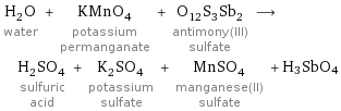 H_2O water + KMnO_4 potassium permanganate + O_12S_3Sb_2 antimony(III) sulfate ⟶ H_2SO_4 sulfuric acid + K_2SO_4 potassium sulfate + MnSO_4 manganese(II) sulfate + H3SbO4