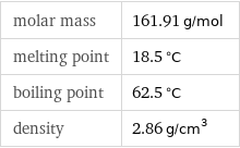 molar mass | 161.91 g/mol melting point | 18.5 °C boiling point | 62.5 °C density | 2.86 g/cm^3