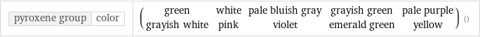 pyroxene group | color | (green | white | pale bluish gray | grayish green | pale purple grayish white | pink | violet | emerald green | yellow) ()