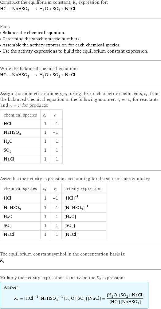 Construct the equilibrium constant, K, expression for: HCl + NaHSO_3 ⟶ H_2O + SO_2 + NaCl Plan: • Balance the chemical equation. • Determine the stoichiometric numbers. • Assemble the activity expression for each chemical species. • Use the activity expressions to build the equilibrium constant expression. Write the balanced chemical equation: HCl + NaHSO_3 ⟶ H_2O + SO_2 + NaCl Assign stoichiometric numbers, ν_i, using the stoichiometric coefficients, c_i, from the balanced chemical equation in the following manner: ν_i = -c_i for reactants and ν_i = c_i for products: chemical species | c_i | ν_i HCl | 1 | -1 NaHSO_3 | 1 | -1 H_2O | 1 | 1 SO_2 | 1 | 1 NaCl | 1 | 1 Assemble the activity expressions accounting for the state of matter and ν_i: chemical species | c_i | ν_i | activity expression HCl | 1 | -1 | ([HCl])^(-1) NaHSO_3 | 1 | -1 | ([NaHSO3])^(-1) H_2O | 1 | 1 | [H2O] SO_2 | 1 | 1 | [SO2] NaCl | 1 | 1 | [NaCl] The equilibrium constant symbol in the concentration basis is: K_c Mulitply the activity expressions to arrive at the K_c expression: Answer: |   | K_c = ([HCl])^(-1) ([NaHSO3])^(-1) [H2O] [SO2] [NaCl] = ([H2O] [SO2] [NaCl])/([HCl] [NaHSO3])