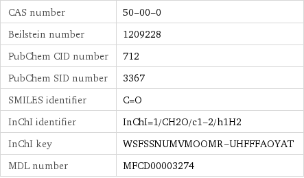 CAS number | 50-00-0 Beilstein number | 1209228 PubChem CID number | 712 PubChem SID number | 3367 SMILES identifier | C=O InChI identifier | InChI=1/CH2O/c1-2/h1H2 InChI key | WSFSSNUMVMOOMR-UHFFFAOYAT MDL number | MFCD00003274