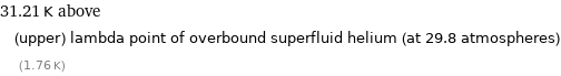 31.21 K above (upper) lambda point of overbound superfluid helium (at 29.8 atmospheres) (1.76 K)