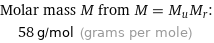 Molar mass M from M = M_uM_r:  | 58 g/mol (grams per mole)