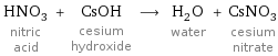 HNO_3 nitric acid + CsOH cesium hydroxide ⟶ H_2O water + CsNO_3 cesium nitrate