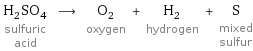 H_2SO_4 sulfuric acid ⟶ O_2 oxygen + H_2 hydrogen + S mixed sulfur