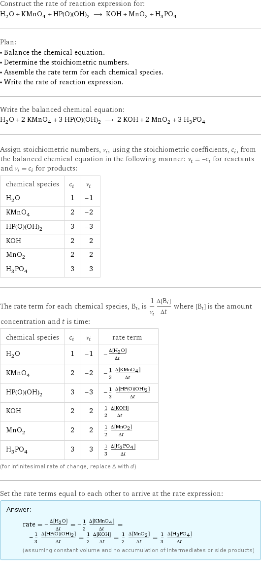 Construct the rate of reaction expression for: H_2O + KMnO_4 + HP(O)(OH)_2 ⟶ KOH + MnO_2 + H_3PO_4 Plan: • Balance the chemical equation. • Determine the stoichiometric numbers. • Assemble the rate term for each chemical species. • Write the rate of reaction expression. Write the balanced chemical equation: H_2O + 2 KMnO_4 + 3 HP(O)(OH)_2 ⟶ 2 KOH + 2 MnO_2 + 3 H_3PO_4 Assign stoichiometric numbers, ν_i, using the stoichiometric coefficients, c_i, from the balanced chemical equation in the following manner: ν_i = -c_i for reactants and ν_i = c_i for products: chemical species | c_i | ν_i H_2O | 1 | -1 KMnO_4 | 2 | -2 HP(O)(OH)_2 | 3 | -3 KOH | 2 | 2 MnO_2 | 2 | 2 H_3PO_4 | 3 | 3 The rate term for each chemical species, B_i, is 1/ν_i(Δ[B_i])/(Δt) where [B_i] is the amount concentration and t is time: chemical species | c_i | ν_i | rate term H_2O | 1 | -1 | -(Δ[H2O])/(Δt) KMnO_4 | 2 | -2 | -1/2 (Δ[KMnO4])/(Δt) HP(O)(OH)_2 | 3 | -3 | -1/3 (Δ[HP(O)(OH)2])/(Δt) KOH | 2 | 2 | 1/2 (Δ[KOH])/(Δt) MnO_2 | 2 | 2 | 1/2 (Δ[MnO2])/(Δt) H_3PO_4 | 3 | 3 | 1/3 (Δ[H3PO4])/(Δt) (for infinitesimal rate of change, replace Δ with d) Set the rate terms equal to each other to arrive at the rate expression: Answer: |   | rate = -(Δ[H2O])/(Δt) = -1/2 (Δ[KMnO4])/(Δt) = -1/3 (Δ[HP(O)(OH)2])/(Δt) = 1/2 (Δ[KOH])/(Δt) = 1/2 (Δ[MnO2])/(Δt) = 1/3 (Δ[H3PO4])/(Δt) (assuming constant volume and no accumulation of intermediates or side products)