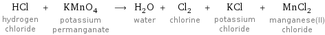 HCl hydrogen chloride + KMnO_4 potassium permanganate ⟶ H_2O water + Cl_2 chlorine + KCl potassium chloride + MnCl_2 manganese(II) chloride