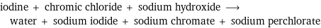 iodine + chromic chloride + sodium hydroxide ⟶ water + sodium iodide + sodium chromate + sodium perchlorate