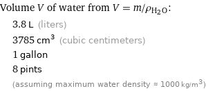 Volume V of water from V = m/ρ_(H_2O):  | 3.8 L (liters)  | 3785 cm^3 (cubic centimeters)  | 1 gallon  | 8 pints  | (assuming maximum water density ≈ 1000 kg/m^3)