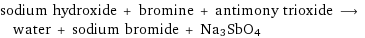 sodium hydroxide + bromine + antimony trioxide ⟶ water + sodium bromide + Na3SbO4