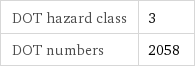 DOT hazard class | 3 DOT numbers | 2058