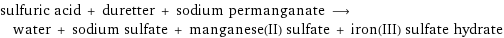 sulfuric acid + duretter + sodium permanganate ⟶ water + sodium sulfate + manganese(II) sulfate + iron(III) sulfate hydrate