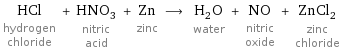 HCl hydrogen chloride + HNO_3 nitric acid + Zn zinc ⟶ H_2O water + NO nitric oxide + ZnCl_2 zinc chloride