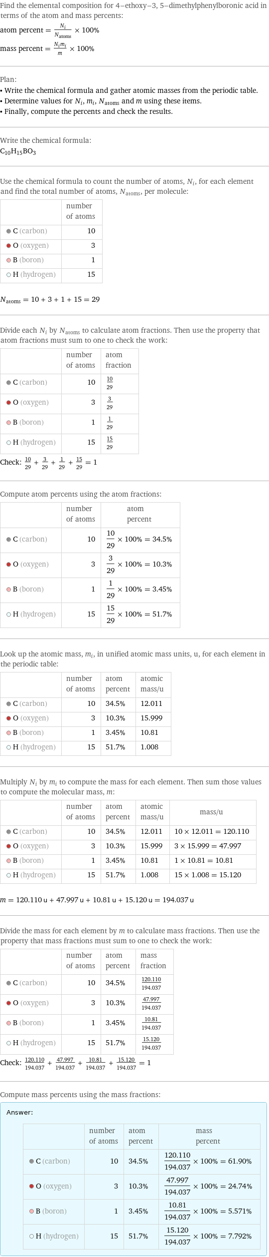 Find the elemental composition for 4-ethoxy-3, 5-dimethylphenylboronic acid in terms of the atom and mass percents: atom percent = N_i/N_atoms × 100% mass percent = (N_im_i)/m × 100% Plan: • Write the chemical formula and gather atomic masses from the periodic table. • Determine values for N_i, m_i, N_atoms and m using these items. • Finally, compute the percents and check the results. Write the chemical formula: C_10H_15BO_3 Use the chemical formula to count the number of atoms, N_i, for each element and find the total number of atoms, N_atoms, per molecule:  | number of atoms  C (carbon) | 10  O (oxygen) | 3  B (boron) | 1  H (hydrogen) | 15  N_atoms = 10 + 3 + 1 + 15 = 29 Divide each N_i by N_atoms to calculate atom fractions. Then use the property that atom fractions must sum to one to check the work:  | number of atoms | atom fraction  C (carbon) | 10 | 10/29  O (oxygen) | 3 | 3/29  B (boron) | 1 | 1/29  H (hydrogen) | 15 | 15/29 Check: 10/29 + 3/29 + 1/29 + 15/29 = 1 Compute atom percents using the atom fractions:  | number of atoms | atom percent  C (carbon) | 10 | 10/29 × 100% = 34.5%  O (oxygen) | 3 | 3/29 × 100% = 10.3%  B (boron) | 1 | 1/29 × 100% = 3.45%  H (hydrogen) | 15 | 15/29 × 100% = 51.7% Look up the atomic mass, m_i, in unified atomic mass units, u, for each element in the periodic table:  | number of atoms | atom percent | atomic mass/u  C (carbon) | 10 | 34.5% | 12.011  O (oxygen) | 3 | 10.3% | 15.999  B (boron) | 1 | 3.45% | 10.81  H (hydrogen) | 15 | 51.7% | 1.008 Multiply N_i by m_i to compute the mass for each element. Then sum those values to compute the molecular mass, m:  | number of atoms | atom percent | atomic mass/u | mass/u  C (carbon) | 10 | 34.5% | 12.011 | 10 × 12.011 = 120.110  O (oxygen) | 3 | 10.3% | 15.999 | 3 × 15.999 = 47.997  B (boron) | 1 | 3.45% | 10.81 | 1 × 10.81 = 10.81  H (hydrogen) | 15 | 51.7% | 1.008 | 15 × 1.008 = 15.120  m = 120.110 u + 47.997 u + 10.81 u + 15.120 u = 194.037 u Divide the mass for each element by m to calculate mass fractions. Then use the property that mass fractions must sum to one to check the work:  | number of atoms | atom percent | mass fraction  C (carbon) | 10 | 34.5% | 120.110/194.037  O (oxygen) | 3 | 10.3% | 47.997/194.037  B (boron) | 1 | 3.45% | 10.81/194.037  H (hydrogen) | 15 | 51.7% | 15.120/194.037 Check: 120.110/194.037 + 47.997/194.037 + 10.81/194.037 + 15.120/194.037 = 1 Compute mass percents using the mass fractions: Answer: |   | | number of atoms | atom percent | mass percent  C (carbon) | 10 | 34.5% | 120.110/194.037 × 100% = 61.90%  O (oxygen) | 3 | 10.3% | 47.997/194.037 × 100% = 24.74%  B (boron) | 1 | 3.45% | 10.81/194.037 × 100% = 5.571%  H (hydrogen) | 15 | 51.7% | 15.120/194.037 × 100% = 7.792%