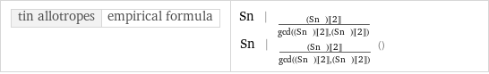 tin allotropes | empirical formula | Sn | _(((Sn | )[[2]])/gcd((Sn | )[[2]], (Sn | )[[2]]))Sn | _(((Sn | )[[2]])/gcd((Sn | )[[2]], (Sn | )[[2]])) ()