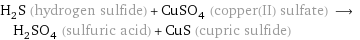 H_2S (hydrogen sulfide) + CuSO_4 (copper(II) sulfate) ⟶ H_2SO_4 (sulfuric acid) + CuS (cupric sulfide)