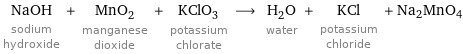 NaOH sodium hydroxide + MnO_2 manganese dioxide + KClO_3 potassium chlorate ⟶ H_2O water + KCl potassium chloride + Na2MnO4