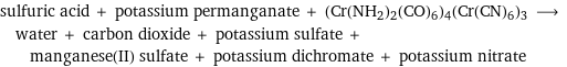 sulfuric acid + potassium permanganate + (Cr(NH2)2(CO)6)4(Cr(CN)6)3 ⟶ water + carbon dioxide + potassium sulfate + manganese(II) sulfate + potassium dichromate + potassium nitrate