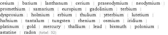 cesium | barium | lanthanum | cerium | praseodymium | neodymium | promethium | samarium | europium | gadolinium | terbium | dysprosium | holmium | erbium | thulium | ytterbium | lutetium | hafnium | tantalum | tungsten | rhenium | osmium | iridium | platinum | gold | mercury | thallium | lead | bismuth | polonium | astatine | radon (total: 32)