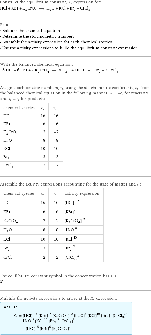 Construct the equilibrium constant, K, expression for: HCl + KBr + K_2CrO_4 ⟶ H_2O + KCl + Br_2 + CrCl_3 Plan: • Balance the chemical equation. • Determine the stoichiometric numbers. • Assemble the activity expression for each chemical species. • Use the activity expressions to build the equilibrium constant expression. Write the balanced chemical equation: 16 HCl + 6 KBr + 2 K_2CrO_4 ⟶ 8 H_2O + 10 KCl + 3 Br_2 + 2 CrCl_3 Assign stoichiometric numbers, ν_i, using the stoichiometric coefficients, c_i, from the balanced chemical equation in the following manner: ν_i = -c_i for reactants and ν_i = c_i for products: chemical species | c_i | ν_i HCl | 16 | -16 KBr | 6 | -6 K_2CrO_4 | 2 | -2 H_2O | 8 | 8 KCl | 10 | 10 Br_2 | 3 | 3 CrCl_3 | 2 | 2 Assemble the activity expressions accounting for the state of matter and ν_i: chemical species | c_i | ν_i | activity expression HCl | 16 | -16 | ([HCl])^(-16) KBr | 6 | -6 | ([KBr])^(-6) K_2CrO_4 | 2 | -2 | ([K2CrO4])^(-2) H_2O | 8 | 8 | ([H2O])^8 KCl | 10 | 10 | ([KCl])^10 Br_2 | 3 | 3 | ([Br2])^3 CrCl_3 | 2 | 2 | ([CrCl3])^2 The equilibrium constant symbol in the concentration basis is: K_c Mulitply the activity expressions to arrive at the K_c expression: Answer: |   | K_c = ([HCl])^(-16) ([KBr])^(-6) ([K2CrO4])^(-2) ([H2O])^8 ([KCl])^10 ([Br2])^3 ([CrCl3])^2 = (([H2O])^8 ([KCl])^10 ([Br2])^3 ([CrCl3])^2)/(([HCl])^16 ([KBr])^6 ([K2CrO4])^2)