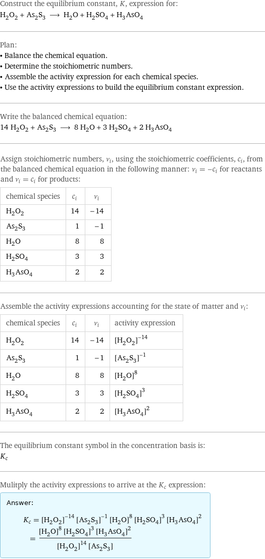 Construct the equilibrium constant, K, expression for: H_2O_2 + As_2S_3 ⟶ H_2O + H_2SO_4 + H_3AsO_4 Plan: • Balance the chemical equation. • Determine the stoichiometric numbers. • Assemble the activity expression for each chemical species. • Use the activity expressions to build the equilibrium constant expression. Write the balanced chemical equation: 14 H_2O_2 + As_2S_3 ⟶ 8 H_2O + 3 H_2SO_4 + 2 H_3AsO_4 Assign stoichiometric numbers, ν_i, using the stoichiometric coefficients, c_i, from the balanced chemical equation in the following manner: ν_i = -c_i for reactants and ν_i = c_i for products: chemical species | c_i | ν_i H_2O_2 | 14 | -14 As_2S_3 | 1 | -1 H_2O | 8 | 8 H_2SO_4 | 3 | 3 H_3AsO_4 | 2 | 2 Assemble the activity expressions accounting for the state of matter and ν_i: chemical species | c_i | ν_i | activity expression H_2O_2 | 14 | -14 | ([H2O2])^(-14) As_2S_3 | 1 | -1 | ([As2S3])^(-1) H_2O | 8 | 8 | ([H2O])^8 H_2SO_4 | 3 | 3 | ([H2SO4])^3 H_3AsO_4 | 2 | 2 | ([H3AsO4])^2 The equilibrium constant symbol in the concentration basis is: K_c Mulitply the activity expressions to arrive at the K_c expression: Answer: |   | K_c = ([H2O2])^(-14) ([As2S3])^(-1) ([H2O])^8 ([H2SO4])^3 ([H3AsO4])^2 = (([H2O])^8 ([H2SO4])^3 ([H3AsO4])^2)/(([H2O2])^14 [As2S3])
