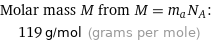 Molar mass M from M = m_aN_A:  | 119 g/mol (grams per mole)