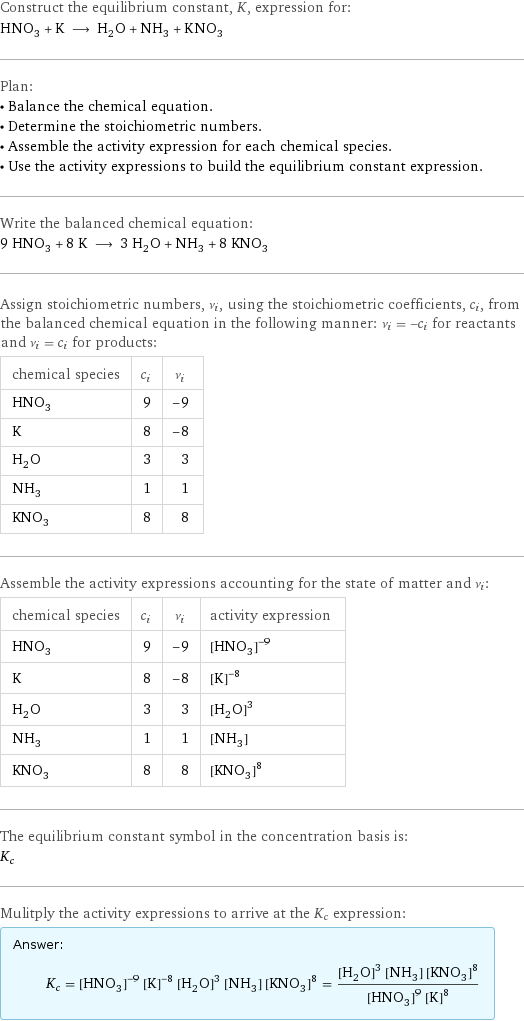 Construct the equilibrium constant, K, expression for: HNO_3 + K ⟶ H_2O + NH_3 + KNO_3 Plan: • Balance the chemical equation. • Determine the stoichiometric numbers. • Assemble the activity expression for each chemical species. • Use the activity expressions to build the equilibrium constant expression. Write the balanced chemical equation: 9 HNO_3 + 8 K ⟶ 3 H_2O + NH_3 + 8 KNO_3 Assign stoichiometric numbers, ν_i, using the stoichiometric coefficients, c_i, from the balanced chemical equation in the following manner: ν_i = -c_i for reactants and ν_i = c_i for products: chemical species | c_i | ν_i HNO_3 | 9 | -9 K | 8 | -8 H_2O | 3 | 3 NH_3 | 1 | 1 KNO_3 | 8 | 8 Assemble the activity expressions accounting for the state of matter and ν_i: chemical species | c_i | ν_i | activity expression HNO_3 | 9 | -9 | ([HNO3])^(-9) K | 8 | -8 | ([K])^(-8) H_2O | 3 | 3 | ([H2O])^3 NH_3 | 1 | 1 | [NH3] KNO_3 | 8 | 8 | ([KNO3])^8 The equilibrium constant symbol in the concentration basis is: K_c Mulitply the activity expressions to arrive at the K_c expression: Answer: |   | K_c = ([HNO3])^(-9) ([K])^(-8) ([H2O])^3 [NH3] ([KNO3])^8 = (([H2O])^3 [NH3] ([KNO3])^8)/(([HNO3])^9 ([K])^8)