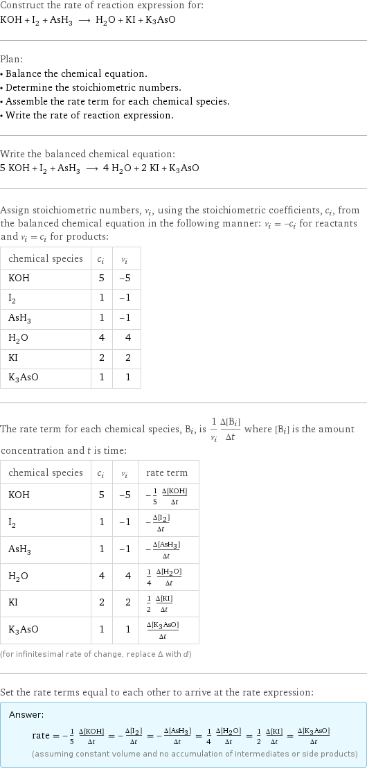 Construct the rate of reaction expression for: KOH + I_2 + AsH_3 ⟶ H_2O + KI + K3AsO Plan: • Balance the chemical equation. • Determine the stoichiometric numbers. • Assemble the rate term for each chemical species. • Write the rate of reaction expression. Write the balanced chemical equation: 5 KOH + I_2 + AsH_3 ⟶ 4 H_2O + 2 KI + K3AsO Assign stoichiometric numbers, ν_i, using the stoichiometric coefficients, c_i, from the balanced chemical equation in the following manner: ν_i = -c_i for reactants and ν_i = c_i for products: chemical species | c_i | ν_i KOH | 5 | -5 I_2 | 1 | -1 AsH_3 | 1 | -1 H_2O | 4 | 4 KI | 2 | 2 K3AsO | 1 | 1 The rate term for each chemical species, B_i, is 1/ν_i(Δ[B_i])/(Δt) where [B_i] is the amount concentration and t is time: chemical species | c_i | ν_i | rate term KOH | 5 | -5 | -1/5 (Δ[KOH])/(Δt) I_2 | 1 | -1 | -(Δ[I2])/(Δt) AsH_3 | 1 | -1 | -(Δ[AsH3])/(Δt) H_2O | 4 | 4 | 1/4 (Δ[H2O])/(Δt) KI | 2 | 2 | 1/2 (Δ[KI])/(Δt) K3AsO | 1 | 1 | (Δ[K3AsO])/(Δt) (for infinitesimal rate of change, replace Δ with d) Set the rate terms equal to each other to arrive at the rate expression: Answer: |   | rate = -1/5 (Δ[KOH])/(Δt) = -(Δ[I2])/(Δt) = -(Δ[AsH3])/(Δt) = 1/4 (Δ[H2O])/(Δt) = 1/2 (Δ[KI])/(Δt) = (Δ[K3AsO])/(Δt) (assuming constant volume and no accumulation of intermediates or side products)