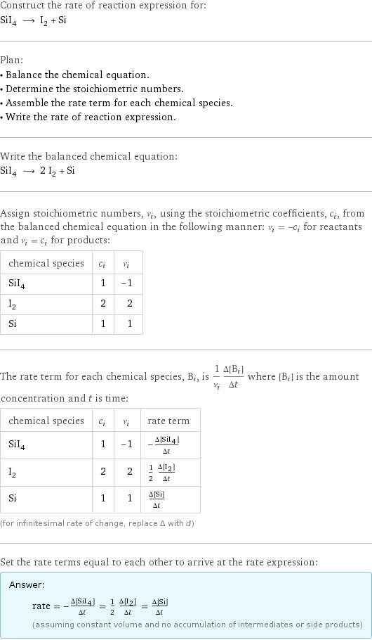 Construct the rate of reaction expression for: SiI_4 ⟶ I_2 + Si Plan: • Balance the chemical equation. • Determine the stoichiometric numbers. • Assemble the rate term for each chemical species. • Write the rate of reaction expression. Write the balanced chemical equation: SiI_4 ⟶ 2 I_2 + Si Assign stoichiometric numbers, ν_i, using the stoichiometric coefficients, c_i, from the balanced chemical equation in the following manner: ν_i = -c_i for reactants and ν_i = c_i for products: chemical species | c_i | ν_i SiI_4 | 1 | -1 I_2 | 2 | 2 Si | 1 | 1 The rate term for each chemical species, B_i, is 1/ν_i(Δ[B_i])/(Δt) where [B_i] is the amount concentration and t is time: chemical species | c_i | ν_i | rate term SiI_4 | 1 | -1 | -(Δ[SiI4])/(Δt) I_2 | 2 | 2 | 1/2 (Δ[I2])/(Δt) Si | 1 | 1 | (Δ[Si])/(Δt) (for infinitesimal rate of change, replace Δ with d) Set the rate terms equal to each other to arrive at the rate expression: Answer: |   | rate = -(Δ[SiI4])/(Δt) = 1/2 (Δ[I2])/(Δt) = (Δ[Si])/(Δt) (assuming constant volume and no accumulation of intermediates or side products)