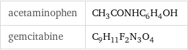 acetaminophen | CH_3CONHC_6H_4OH gemcitabine | C_9H_11F_2N_3O_4