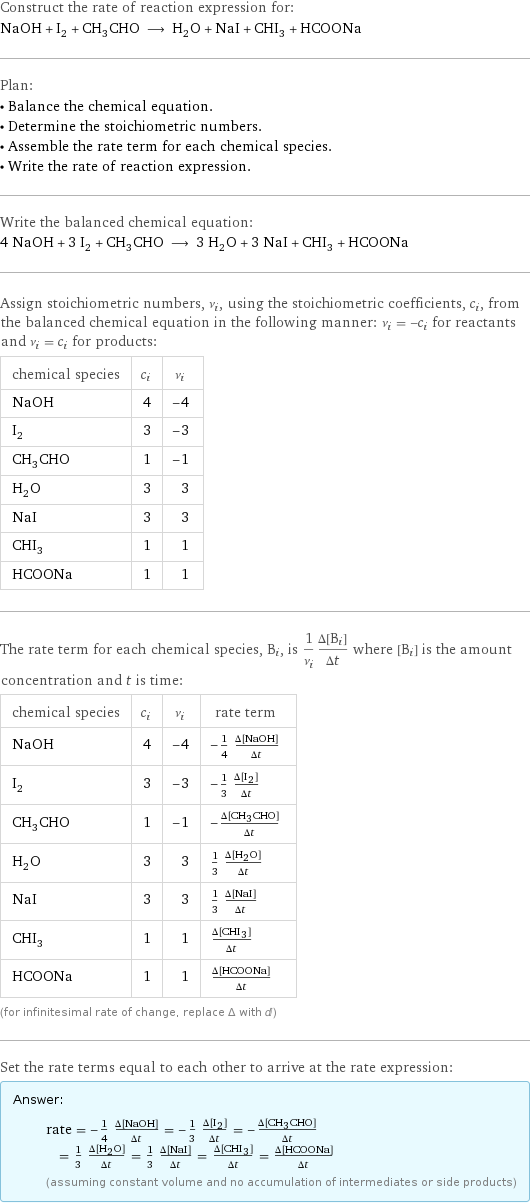 Construct the rate of reaction expression for: NaOH + I_2 + CH_3CHO ⟶ H_2O + NaI + CHI_3 + HCOONa Plan: • Balance the chemical equation. • Determine the stoichiometric numbers. • Assemble the rate term for each chemical species. • Write the rate of reaction expression. Write the balanced chemical equation: 4 NaOH + 3 I_2 + CH_3CHO ⟶ 3 H_2O + 3 NaI + CHI_3 + HCOONa Assign stoichiometric numbers, ν_i, using the stoichiometric coefficients, c_i, from the balanced chemical equation in the following manner: ν_i = -c_i for reactants and ν_i = c_i for products: chemical species | c_i | ν_i NaOH | 4 | -4 I_2 | 3 | -3 CH_3CHO | 1 | -1 H_2O | 3 | 3 NaI | 3 | 3 CHI_3 | 1 | 1 HCOONa | 1 | 1 The rate term for each chemical species, B_i, is 1/ν_i(Δ[B_i])/(Δt) where [B_i] is the amount concentration and t is time: chemical species | c_i | ν_i | rate term NaOH | 4 | -4 | -1/4 (Δ[NaOH])/(Δt) I_2 | 3 | -3 | -1/3 (Δ[I2])/(Δt) CH_3CHO | 1 | -1 | -(Δ[CH3CHO])/(Δt) H_2O | 3 | 3 | 1/3 (Δ[H2O])/(Δt) NaI | 3 | 3 | 1/3 (Δ[NaI])/(Δt) CHI_3 | 1 | 1 | (Δ[CHI3])/(Δt) HCOONa | 1 | 1 | (Δ[HCOONa])/(Δt) (for infinitesimal rate of change, replace Δ with d) Set the rate terms equal to each other to arrive at the rate expression: Answer: |   | rate = -1/4 (Δ[NaOH])/(Δt) = -1/3 (Δ[I2])/(Δt) = -(Δ[CH3CHO])/(Δt) = 1/3 (Δ[H2O])/(Δt) = 1/3 (Δ[NaI])/(Δt) = (Δ[CHI3])/(Δt) = (Δ[HCOONa])/(Δt) (assuming constant volume and no accumulation of intermediates or side products)