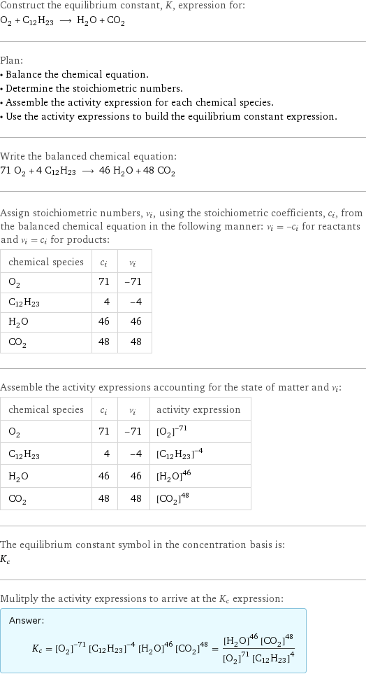 Construct the equilibrium constant, K, expression for: O_2 + C12H23 ⟶ H_2O + CO_2 Plan: • Balance the chemical equation. • Determine the stoichiometric numbers. • Assemble the activity expression for each chemical species. • Use the activity expressions to build the equilibrium constant expression. Write the balanced chemical equation: 71 O_2 + 4 C12H23 ⟶ 46 H_2O + 48 CO_2 Assign stoichiometric numbers, ν_i, using the stoichiometric coefficients, c_i, from the balanced chemical equation in the following manner: ν_i = -c_i for reactants and ν_i = c_i for products: chemical species | c_i | ν_i O_2 | 71 | -71 C12H23 | 4 | -4 H_2O | 46 | 46 CO_2 | 48 | 48 Assemble the activity expressions accounting for the state of matter and ν_i: chemical species | c_i | ν_i | activity expression O_2 | 71 | -71 | ([O2])^(-71) C12H23 | 4 | -4 | ([C12H23])^(-4) H_2O | 46 | 46 | ([H2O])^46 CO_2 | 48 | 48 | ([CO2])^48 The equilibrium constant symbol in the concentration basis is: K_c Mulitply the activity expressions to arrive at the K_c expression: Answer: |   | K_c = ([O2])^(-71) ([C12H23])^(-4) ([H2O])^46 ([CO2])^48 = (([H2O])^46 ([CO2])^48)/(([O2])^71 ([C12H23])^4)