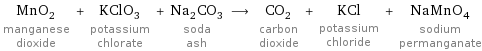 MnO_2 manganese dioxide + KClO_3 potassium chlorate + Na_2CO_3 soda ash ⟶ CO_2 carbon dioxide + KCl potassium chloride + NaMnO_4 sodium permanganate