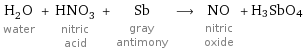 H_2O water + HNO_3 nitric acid + Sb gray antimony ⟶ NO nitric oxide + H3SbO4