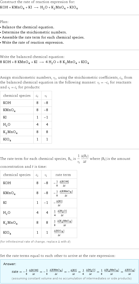 Construct the rate of reaction expression for: KOH + KMnO_4 + KI ⟶ H_2O + K_2MnO_4 + KIO_4 Plan: • Balance the chemical equation. • Determine the stoichiometric numbers. • Assemble the rate term for each chemical species. • Write the rate of reaction expression. Write the balanced chemical equation: 8 KOH + 8 KMnO_4 + KI ⟶ 4 H_2O + 8 K_2MnO_4 + KIO_4 Assign stoichiometric numbers, ν_i, using the stoichiometric coefficients, c_i, from the balanced chemical equation in the following manner: ν_i = -c_i for reactants and ν_i = c_i for products: chemical species | c_i | ν_i KOH | 8 | -8 KMnO_4 | 8 | -8 KI | 1 | -1 H_2O | 4 | 4 K_2MnO_4 | 8 | 8 KIO_4 | 1 | 1 The rate term for each chemical species, B_i, is 1/ν_i(Δ[B_i])/(Δt) where [B_i] is the amount concentration and t is time: chemical species | c_i | ν_i | rate term KOH | 8 | -8 | -1/8 (Δ[KOH])/(Δt) KMnO_4 | 8 | -8 | -1/8 (Δ[KMnO4])/(Δt) KI | 1 | -1 | -(Δ[KI])/(Δt) H_2O | 4 | 4 | 1/4 (Δ[H2O])/(Δt) K_2MnO_4 | 8 | 8 | 1/8 (Δ[K2MnO4])/(Δt) KIO_4 | 1 | 1 | (Δ[KIO4])/(Δt) (for infinitesimal rate of change, replace Δ with d) Set the rate terms equal to each other to arrive at the rate expression: Answer: |   | rate = -1/8 (Δ[KOH])/(Δt) = -1/8 (Δ[KMnO4])/(Δt) = -(Δ[KI])/(Δt) = 1/4 (Δ[H2O])/(Δt) = 1/8 (Δ[K2MnO4])/(Δt) = (Δ[KIO4])/(Δt) (assuming constant volume and no accumulation of intermediates or side products)