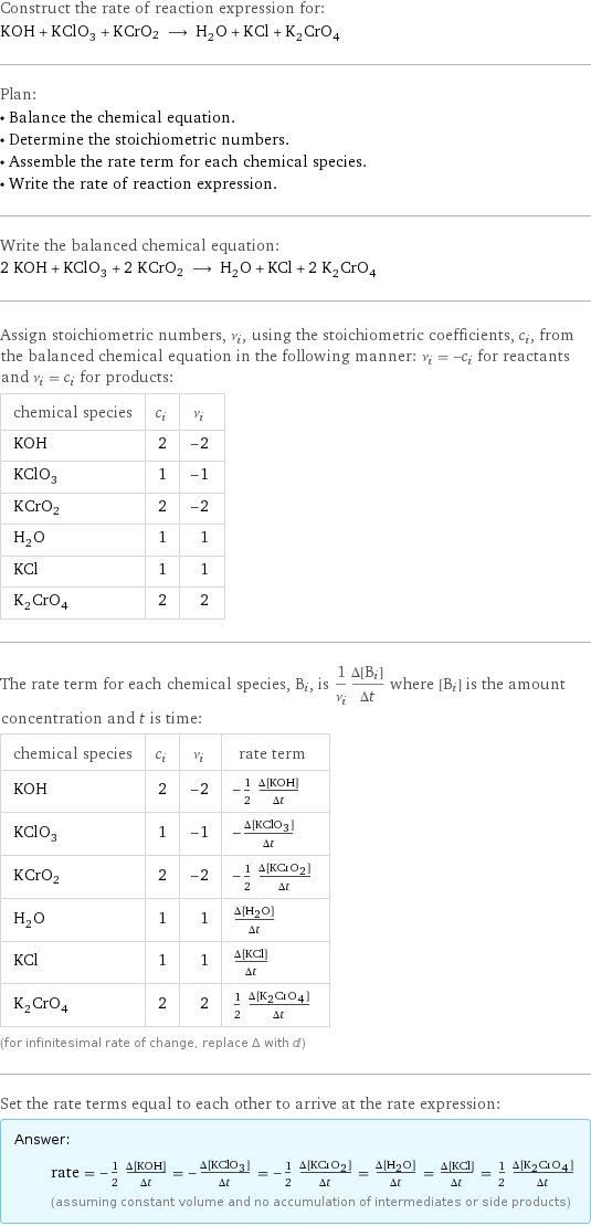 Construct the rate of reaction expression for: KOH + KClO_3 + KCrO2 ⟶ H_2O + KCl + K_2CrO_4 Plan: • Balance the chemical equation. • Determine the stoichiometric numbers. • Assemble the rate term for each chemical species. • Write the rate of reaction expression. Write the balanced chemical equation: 2 KOH + KClO_3 + 2 KCrO2 ⟶ H_2O + KCl + 2 K_2CrO_4 Assign stoichiometric numbers, ν_i, using the stoichiometric coefficients, c_i, from the balanced chemical equation in the following manner: ν_i = -c_i for reactants and ν_i = c_i for products: chemical species | c_i | ν_i KOH | 2 | -2 KClO_3 | 1 | -1 KCrO2 | 2 | -2 H_2O | 1 | 1 KCl | 1 | 1 K_2CrO_4 | 2 | 2 The rate term for each chemical species, B_i, is 1/ν_i(Δ[B_i])/(Δt) where [B_i] is the amount concentration and t is time: chemical species | c_i | ν_i | rate term KOH | 2 | -2 | -1/2 (Δ[KOH])/(Δt) KClO_3 | 1 | -1 | -(Δ[KClO3])/(Δt) KCrO2 | 2 | -2 | -1/2 (Δ[KCrO2])/(Δt) H_2O | 1 | 1 | (Δ[H2O])/(Δt) KCl | 1 | 1 | (Δ[KCl])/(Δt) K_2CrO_4 | 2 | 2 | 1/2 (Δ[K2CrO4])/(Δt) (for infinitesimal rate of change, replace Δ with d) Set the rate terms equal to each other to arrive at the rate expression: Answer: |   | rate = -1/2 (Δ[KOH])/(Δt) = -(Δ[KClO3])/(Δt) = -1/2 (Δ[KCrO2])/(Δt) = (Δ[H2O])/(Δt) = (Δ[KCl])/(Δt) = 1/2 (Δ[K2CrO4])/(Δt) (assuming constant volume and no accumulation of intermediates or side products)