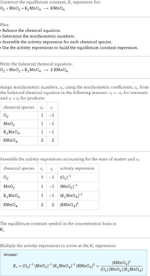 Construct the equilibrium constant, K, expression for: O_2 + MnO_2 + K_2MnO_4 ⟶ KMnO_4 Plan: • Balance the chemical equation. • Determine the stoichiometric numbers. • Assemble the activity expression for each chemical species. • Use the activity expressions to build the equilibrium constant expression. Write the balanced chemical equation: O_2 + MnO_2 + K_2MnO_4 ⟶ 2 KMnO_4 Assign stoichiometric numbers, ν_i, using the stoichiometric coefficients, c_i, from the balanced chemical equation in the following manner: ν_i = -c_i for reactants and ν_i = c_i for products: chemical species | c_i | ν_i O_2 | 1 | -1 MnO_2 | 1 | -1 K_2MnO_4 | 1 | -1 KMnO_4 | 2 | 2 Assemble the activity expressions accounting for the state of matter and ν_i: chemical species | c_i | ν_i | activity expression O_2 | 1 | -1 | ([O2])^(-1) MnO_2 | 1 | -1 | ([MnO2])^(-1) K_2MnO_4 | 1 | -1 | ([K2MnO4])^(-1) KMnO_4 | 2 | 2 | ([KMnO4])^2 The equilibrium constant symbol in the concentration basis is: K_c Mulitply the activity expressions to arrive at the K_c expression: Answer: |   | K_c = ([O2])^(-1) ([MnO2])^(-1) ([K2MnO4])^(-1) ([KMnO4])^2 = ([KMnO4])^2/([O2] [MnO2] [K2MnO4])