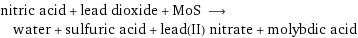 nitric acid + lead dioxide + MoS ⟶ water + sulfuric acid + lead(II) nitrate + molybdic acid