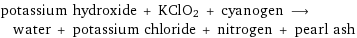 potassium hydroxide + KClO2 + cyanogen ⟶ water + potassium chloride + nitrogen + pearl ash