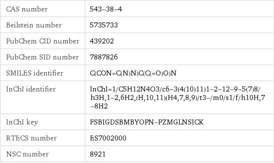 CAS number | 543-38-4 Beilstein number | 5735733 PubChem CID number | 439202 PubChem SID number | 7887826 SMILES identifier | C(CON=C(N)N)C(C(=O)O)N InChI identifier | InChI=1/C5H12N4O3/c6-3(4(10)11)1-2-12-9-5(7)8/h3H, 1-2, 6H2, (H, 10, 11)(H4, 7, 8, 9)/t3-/m0/s1/f/h10H, 7-8H2 InChI key | FSBIGDSBMBYOPN-PZMGLNSICK RTECS number | ES7002000 NSC number | 8921