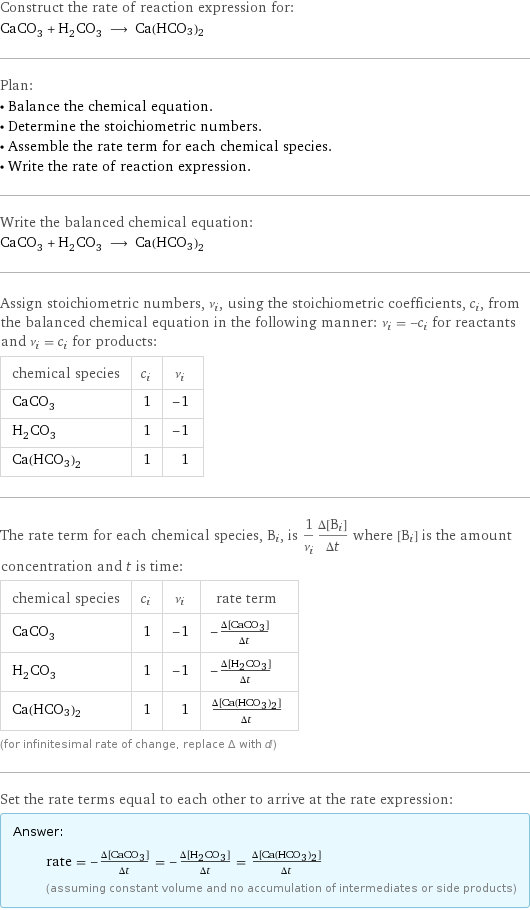 Construct the rate of reaction expression for: CaCO_3 + H_2CO_3 ⟶ Ca(HCO3)2 Plan: • Balance the chemical equation. • Determine the stoichiometric numbers. • Assemble the rate term for each chemical species. • Write the rate of reaction expression. Write the balanced chemical equation: CaCO_3 + H_2CO_3 ⟶ Ca(HCO3)2 Assign stoichiometric numbers, ν_i, using the stoichiometric coefficients, c_i, from the balanced chemical equation in the following manner: ν_i = -c_i for reactants and ν_i = c_i for products: chemical species | c_i | ν_i CaCO_3 | 1 | -1 H_2CO_3 | 1 | -1 Ca(HCO3)2 | 1 | 1 The rate term for each chemical species, B_i, is 1/ν_i(Δ[B_i])/(Δt) where [B_i] is the amount concentration and t is time: chemical species | c_i | ν_i | rate term CaCO_3 | 1 | -1 | -(Δ[CaCO3])/(Δt) H_2CO_3 | 1 | -1 | -(Δ[H2CO3])/(Δt) Ca(HCO3)2 | 1 | 1 | (Δ[Ca(HCO3)2])/(Δt) (for infinitesimal rate of change, replace Δ with d) Set the rate terms equal to each other to arrive at the rate expression: Answer: |   | rate = -(Δ[CaCO3])/(Δt) = -(Δ[H2CO3])/(Δt) = (Δ[Ca(HCO3)2])/(Δt) (assuming constant volume and no accumulation of intermediates or side products)