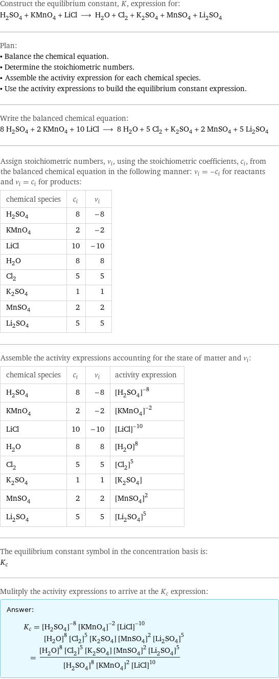 Construct the equilibrium constant, K, expression for: H_2SO_4 + KMnO_4 + LiCl ⟶ H_2O + Cl_2 + K_2SO_4 + MnSO_4 + Li_2SO_4 Plan: • Balance the chemical equation. • Determine the stoichiometric numbers. • Assemble the activity expression for each chemical species. • Use the activity expressions to build the equilibrium constant expression. Write the balanced chemical equation: 8 H_2SO_4 + 2 KMnO_4 + 10 LiCl ⟶ 8 H_2O + 5 Cl_2 + K_2SO_4 + 2 MnSO_4 + 5 Li_2SO_4 Assign stoichiometric numbers, ν_i, using the stoichiometric coefficients, c_i, from the balanced chemical equation in the following manner: ν_i = -c_i for reactants and ν_i = c_i for products: chemical species | c_i | ν_i H_2SO_4 | 8 | -8 KMnO_4 | 2 | -2 LiCl | 10 | -10 H_2O | 8 | 8 Cl_2 | 5 | 5 K_2SO_4 | 1 | 1 MnSO_4 | 2 | 2 Li_2SO_4 | 5 | 5 Assemble the activity expressions accounting for the state of matter and ν_i: chemical species | c_i | ν_i | activity expression H_2SO_4 | 8 | -8 | ([H2SO4])^(-8) KMnO_4 | 2 | -2 | ([KMnO4])^(-2) LiCl | 10 | -10 | ([LiCl])^(-10) H_2O | 8 | 8 | ([H2O])^8 Cl_2 | 5 | 5 | ([Cl2])^5 K_2SO_4 | 1 | 1 | [K2SO4] MnSO_4 | 2 | 2 | ([MnSO4])^2 Li_2SO_4 | 5 | 5 | ([Li2SO4])^5 The equilibrium constant symbol in the concentration basis is: K_c Mulitply the activity expressions to arrive at the K_c expression: Answer: |   | K_c = ([H2SO4])^(-8) ([KMnO4])^(-2) ([LiCl])^(-10) ([H2O])^8 ([Cl2])^5 [K2SO4] ([MnSO4])^2 ([Li2SO4])^5 = (([H2O])^8 ([Cl2])^5 [K2SO4] ([MnSO4])^2 ([Li2SO4])^5)/(([H2SO4])^8 ([KMnO4])^2 ([LiCl])^10)