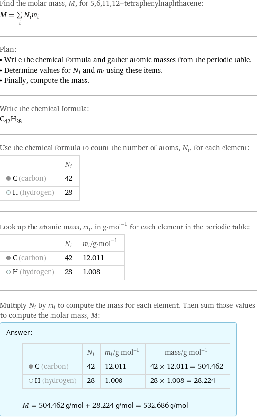 Find the molar mass, M, for 5, 6, 11, 12-tetraphenylnaphthacene: M = sum _iN_im_i Plan: • Write the chemical formula and gather atomic masses from the periodic table. • Determine values for N_i and m_i using these items. • Finally, compute the mass. Write the chemical formula: C_42H_28 Use the chemical formula to count the number of atoms, N_i, for each element:  | N_i  C (carbon) | 42  H (hydrogen) | 28 Look up the atomic mass, m_i, in g·mol^(-1) for each element in the periodic table:  | N_i | m_i/g·mol^(-1)  C (carbon) | 42 | 12.011  H (hydrogen) | 28 | 1.008 Multiply N_i by m_i to compute the mass for each element. Then sum those values to compute the molar mass, M: Answer: |   | | N_i | m_i/g·mol^(-1) | mass/g·mol^(-1)  C (carbon) | 42 | 12.011 | 42 × 12.011 = 504.462  H (hydrogen) | 28 | 1.008 | 28 × 1.008 = 28.224  M = 504.462 g/mol + 28.224 g/mol = 532.686 g/mol