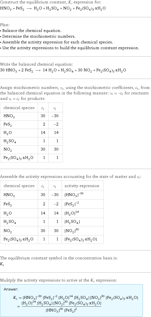 Construct the equilibrium constant, K, expression for: HNO_3 + FeS_2 ⟶ H_2O + H_2SO_4 + NO_2 + Fe_2(SO_4)_3·xH_2O Plan: • Balance the chemical equation. • Determine the stoichiometric numbers. • Assemble the activity expression for each chemical species. • Use the activity expressions to build the equilibrium constant expression. Write the balanced chemical equation: 30 HNO_3 + 2 FeS_2 ⟶ 14 H_2O + H_2SO_4 + 30 NO_2 + Fe_2(SO_4)_3·xH_2O Assign stoichiometric numbers, ν_i, using the stoichiometric coefficients, c_i, from the balanced chemical equation in the following manner: ν_i = -c_i for reactants and ν_i = c_i for products: chemical species | c_i | ν_i HNO_3 | 30 | -30 FeS_2 | 2 | -2 H_2O | 14 | 14 H_2SO_4 | 1 | 1 NO_2 | 30 | 30 Fe_2(SO_4)_3·xH_2O | 1 | 1 Assemble the activity expressions accounting for the state of matter and ν_i: chemical species | c_i | ν_i | activity expression HNO_3 | 30 | -30 | ([HNO3])^(-30) FeS_2 | 2 | -2 | ([FeS2])^(-2) H_2O | 14 | 14 | ([H2O])^14 H_2SO_4 | 1 | 1 | [H2SO4] NO_2 | 30 | 30 | ([NO2])^30 Fe_2(SO_4)_3·xH_2O | 1 | 1 | [Fe2(SO4)3·xH2O] The equilibrium constant symbol in the concentration basis is: K_c Mulitply the activity expressions to arrive at the K_c expression: Answer: |   | K_c = ([HNO3])^(-30) ([FeS2])^(-2) ([H2O])^14 [H2SO4] ([NO2])^30 [Fe2(SO4)3·xH2O] = (([H2O])^14 [H2SO4] ([NO2])^30 [Fe2(SO4)3·xH2O])/(([HNO3])^30 ([FeS2])^2)