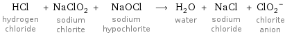 HCl hydrogen chloride + NaClO_2 sodium chlorite + NaOCl sodium hypochlorite ⟶ H_2O water + NaCl sodium chloride + (ClO_2)^- chlorite anion