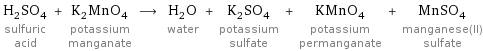 H_2SO_4 sulfuric acid + K_2MnO_4 potassium manganate ⟶ H_2O water + K_2SO_4 potassium sulfate + KMnO_4 potassium permanganate + MnSO_4 manganese(II) sulfate