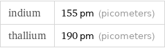 indium | 155 pm (picometers) thallium | 190 pm (picometers)